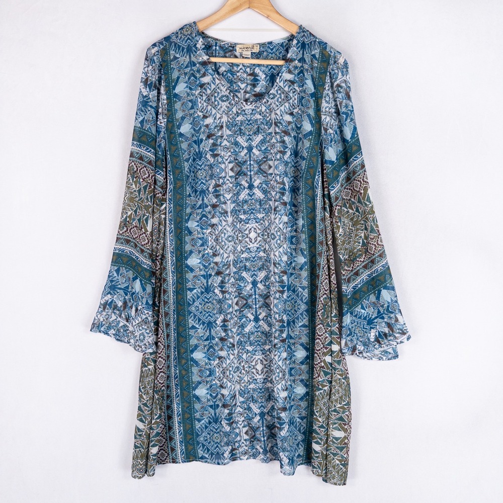 One World Tunic Top Womens 1X Blue Geometric Boho Sheer Flowy Cover Up Festival